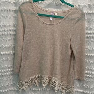 Alya Beige Long Sleeve Top with Lace Hem